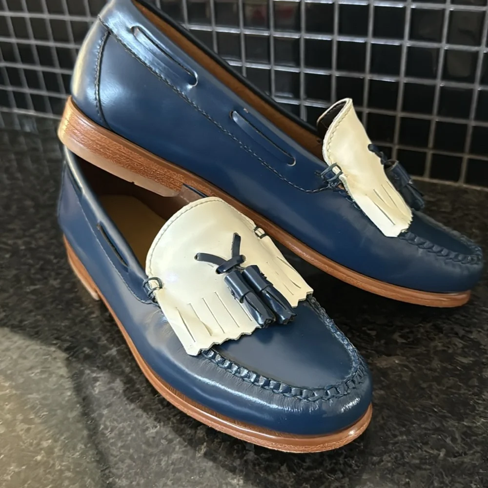 Classic Blue and White Tassel Loafer - Women's Leather Slip-On